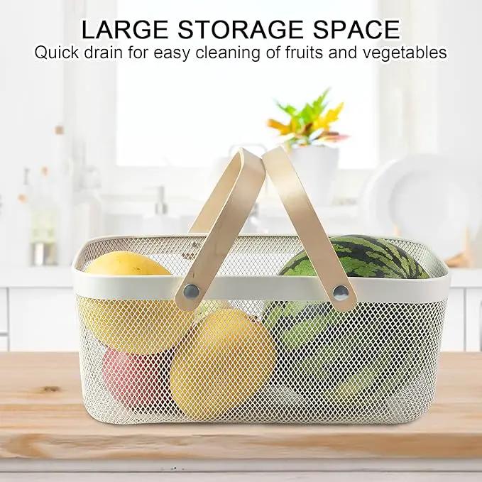 Portable Garden Harvest Basket-Mesh Design Natural Bamboo Handle Wire Storage Baskets,Mesh Basket with Handle Organize Items Reduce Space Occupation,Suitable for Kitchen,Garden,Picnic(White) by GreenHaven Gardens