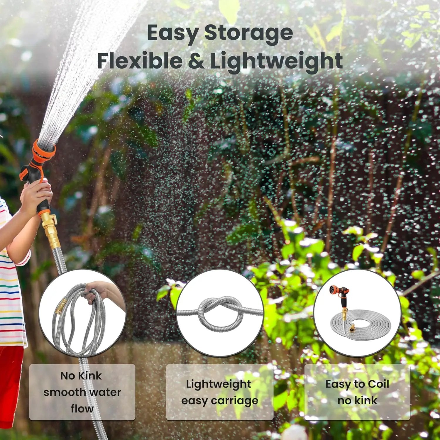 Girafe Tools Garden Hose 75ft x 5/8", 304 Stainless Steel Metal Water Hose, No Kink Garden Water Hose with 9 Pattern Spray Nozzle, Flexible, Lightweight, Kink Free Hose for Yard, Outdoor by GreenHaven Gardens