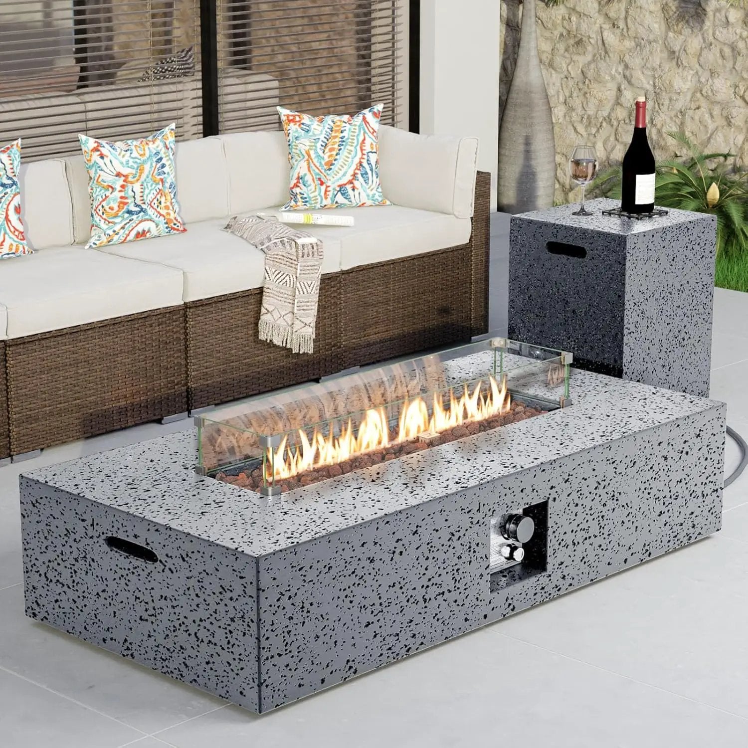 COSIEST 56 x 28 inch Outdoor Propane Fire Pit Coffee Table w Concrete Rectangle Base, CSA Certified, 50,000 BTU, Free Lava Rocks and RainCover, Fits 20lb Tank Outside, Wind Guard, Tank Cover, Gray by GreenHaven Gardens