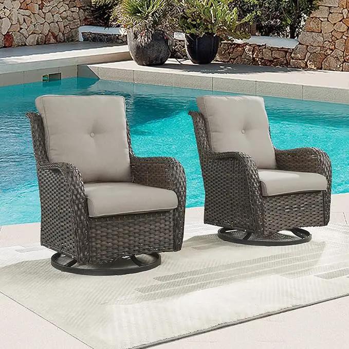 Outdoor Patio Swivel Rocker Chairs - Wicker Rattan Patio Swivel Rocking Chairs Set of 2 with High Back,Deep Seating and Comfort Cushions for Deck Porch Garden,rown/Grey by GreenHaven Gardens