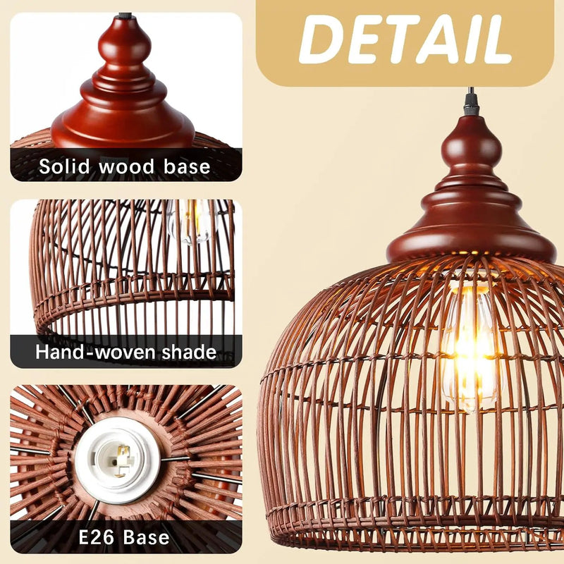 Rattan Pendant Light Kitchen Island, 15.8" Boho Dining Room Light Fixture Hand-Woven Wicker Chandelier Farmhouse Weaving Lighting Coastal Ceiling Hanging Lights for Living Room Restaurant by GreenHaven Gardens