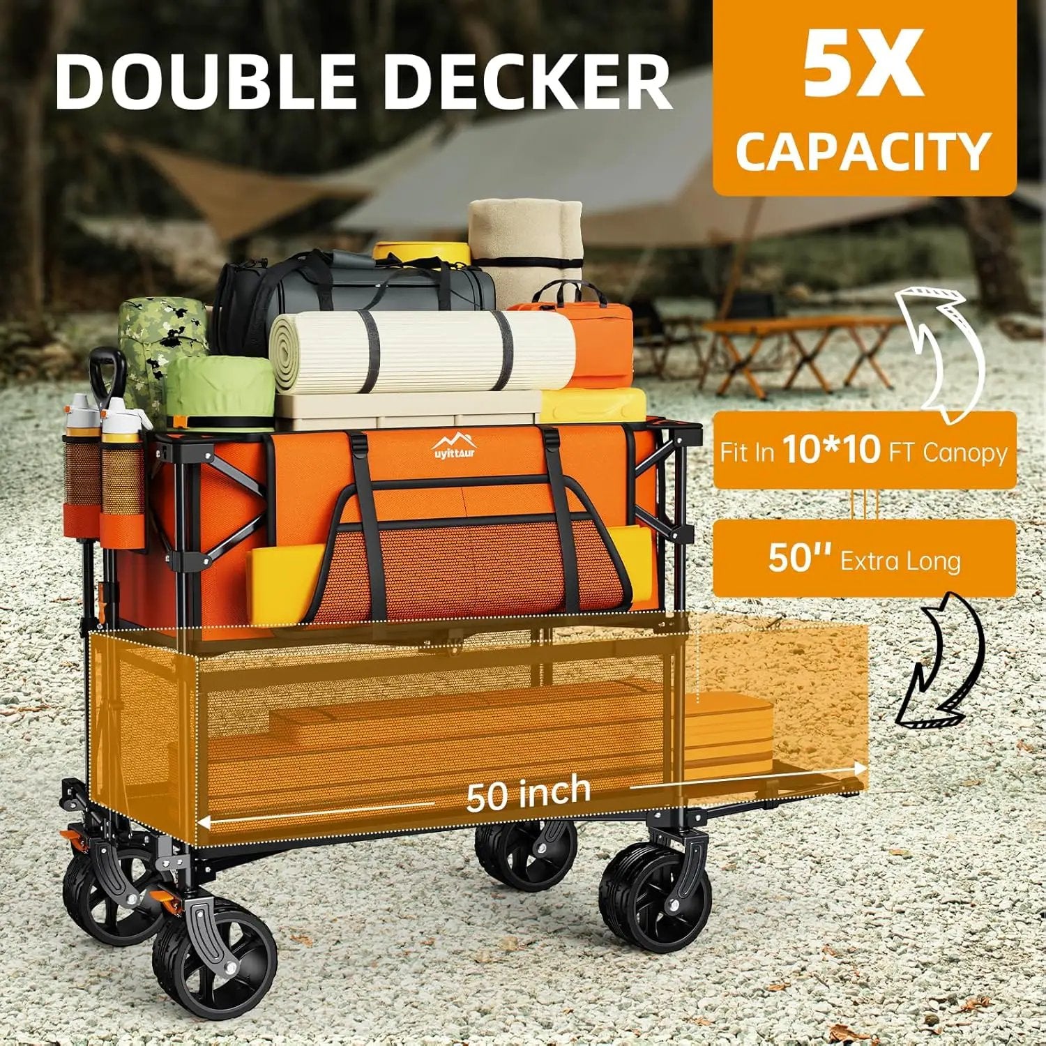 Foldable 50''L Extra Long Double Decker Wagon for Sport, 400L Collapsible Heavy Duty Wagon Cart with Big Wheels, Utility All-Terrain Large Extender Cart for Outdoors, Orange by GreenHaven Gardens