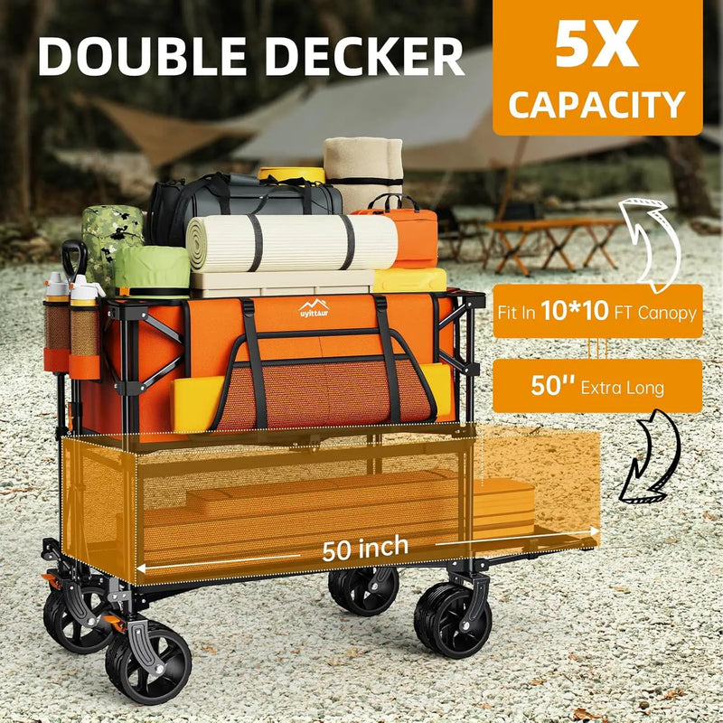 Foldable 50''L Extra Long Double Decker Wagon for Sport, 400L Collapsible Heavy Duty Wagon Cart with Big Wheels, Utility All-Terrain Large Extender Cart for Outdoors, Orange by GreenHaven Gardens