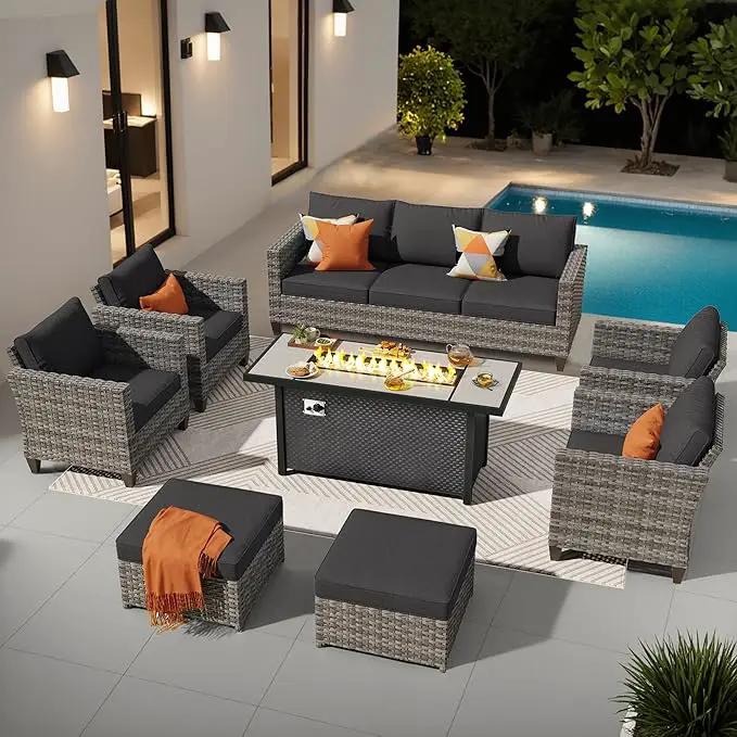 ovios 8 Pieces Patio Furniture Set with 54" Fire Pit Table, Outdoor Wicker Sofa with Comfy Cushions, All Weather High Back Rattan Couch Conversation Set, Black by GreenHaven Gardens