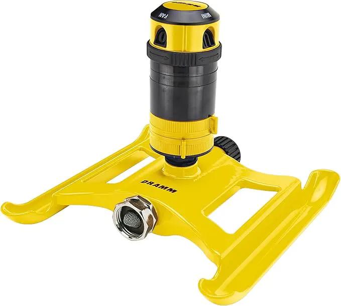 Dramm ColorStorm Gear Drive Sprinkler on Heavy Duty,Durable Metal Base, 4 Patterns, Ideal for Small, Medium & Large Areas with Pass Through Feature, Yellow, 40 Foot Diameter by GreenHaven Gardens
