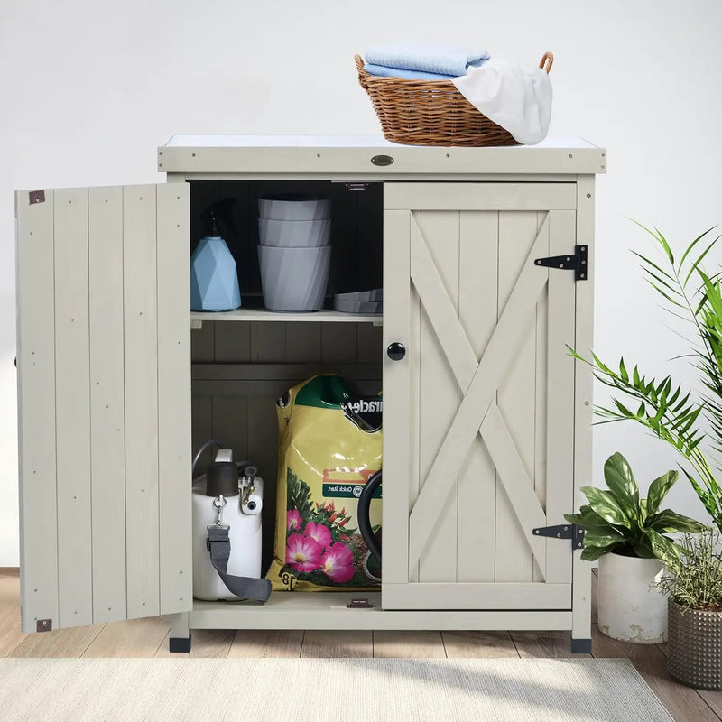 Outdoor Storage Cabinets Weatherproof for Patio, Garden Work Bench with Shelves & Metal Tabletop, Wooden Potting Table Workstation by GreenHaven Gardens