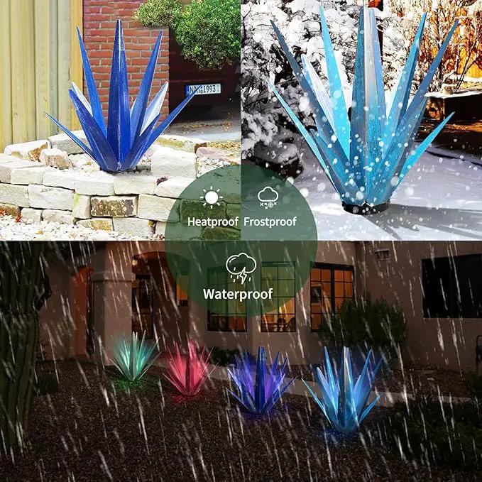 Large Tequila Rustic Sculpture, Rustic Metal Agave Plants for Outdoor Patio Yard, Home Decor Hand Painted Metal Agave Garden Yard Statue, Outdoor Lawn Ornaments (Sky Blue - L(W/Solar Light)) by GreenHaven Gardens
