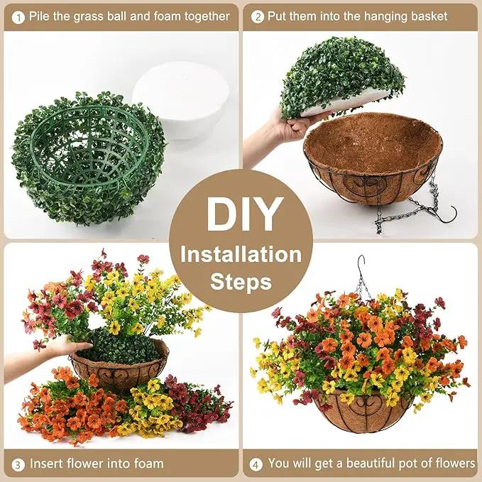 Artificial Fake Hanging Plants Flowers Basket, Faux Silk Daisy in Planter Realistic UV Resistant for Outside Home Patio Balcony Yard Spring Outdoor Decoration (Orange Brown Yellow) by GreenHaven Gardens