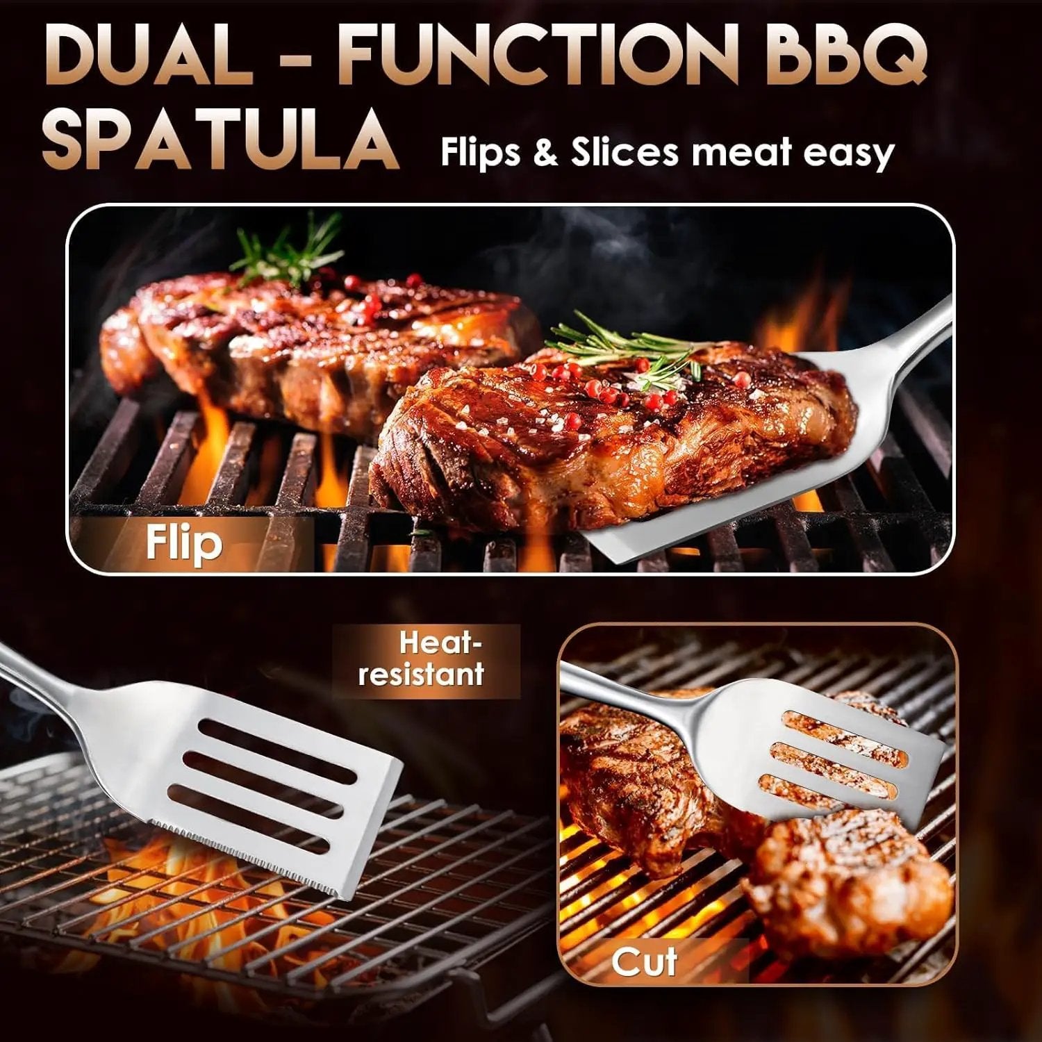 TIVOLI 3PCS Grilling Accessories, Heavy Duty BBQ Tool Set with Stainless Steel Spatula, Tongs, Fork, Wood Handles Barbecue Utensils Kit for Outdoor, Perfect Grill Gifts for Dad Men by GreenHaven Gardens