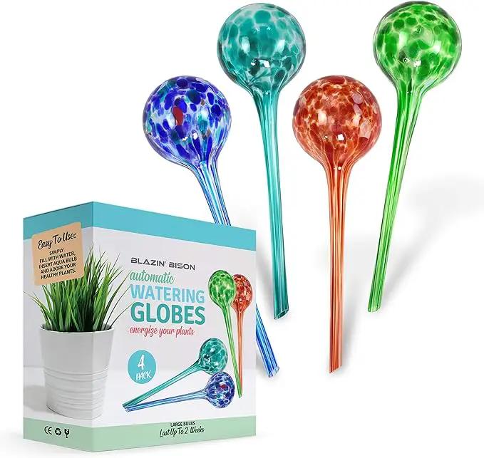 Blazin Indoor Plant Watering Globes | Automatic Self Water Bulbs | Aqua Water Globe | Decorative Hand-Blown Glass | 4pc Deluxe Set (Large) by GreenHaven Gardens