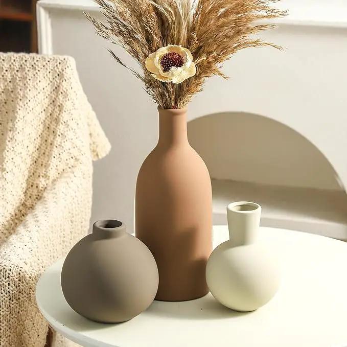 Vase Set of 3 | Ceramic Neutral Vases Home Decor | Rustic Flower Pottery Vases Modern Farmhouse Vase for Table Entryway Mantel Centerpiece Bookshelf Living Room Bathroom Bedroom -Brown Large by GreenHaven Gardens