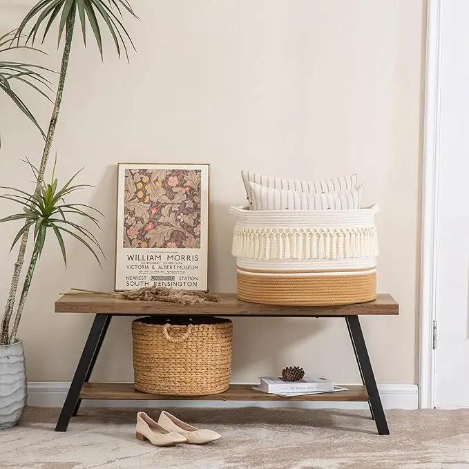 KAKAMAY Large Blanket Basket (20"x13"),Woven Baskets for storage Baby Laundry Hamper, Cotton Rope Blanket Basket for Living Room, Laundry, Nursery, Pillows, Baby Toy chest (Brown Fringe) by GreenHaven Gardens
