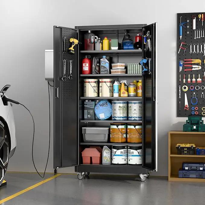 71" H×34" W×18" D Metal Garage Storage Cabinet with Wheels & Pegboard, Lockable Metal Storage Cabinets with 2 Doors&5 Adjustable Shelves for Garage&Home,Assembly Required,Black by GreenHaven Gardens