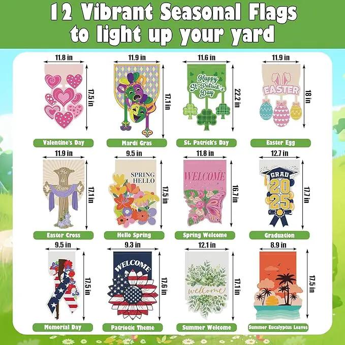 12 Set Seasonal Garden Flags 8 Modes Solar LED Double Sided 12 x 18 Inch Small Yard Flag Outdoor Lighted Spring Summer Easter Graduation Memorial Day Garden Decor for All Seasons, 12 Styles by GreenHaven Gardens