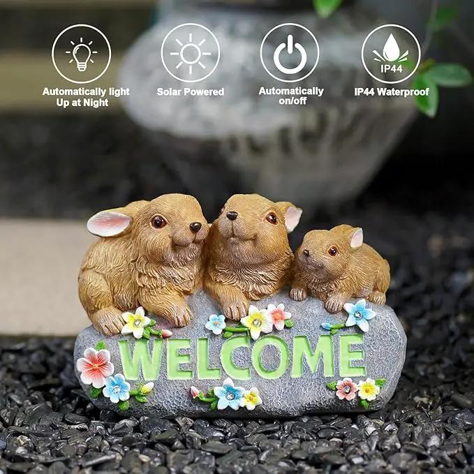 Solar Rabbits with Welcome Sign - Outdoor Bunny Decor with Solar LED Lights - Rabbit Garden Decor & Outdoor Light-Up Gifts for Women, Moms or Birthdays by GreenHaven Gardens