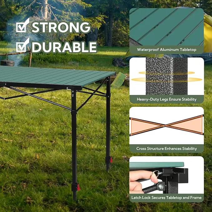 Portable Outdoor Adjustable Height Camping Table, Large for 2-6 Person, Foldable Roll-up Aluminum Camp Table with Carry Bag for Picnic, Camp, Sturdy, Stable, Loads 220 Lbs (Green) by GreenHaven Gardens