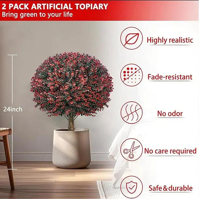 Fall Artificial Boxwood Topiary Ball Tree Bushes with Ground Spike, Set of 2 Outdoor Faux Shrub Topiary Ball, 24" UV Resistant Fake Boxwood Plants for Potted Planter,Indoor,Autumn by GreenHaven Gardens