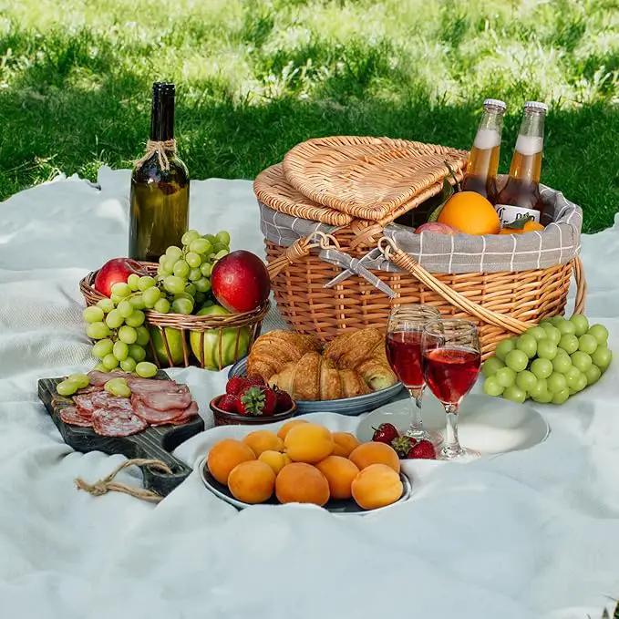 Happypicnic Wicker Picnic Basket with Handle, 15" Large Empty Picnic Basket with Lid & Removable Liner, Vintage Hand Woven Basket for Picnics, Camping, Veg Picking, Mother's Day, Thanksgiving (Check) by GreenHaven Gardens