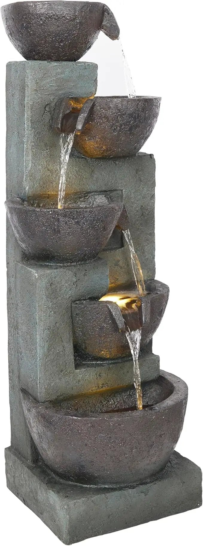 Alpine Corporation TZL390 Elegant Outdoor 5 Tier Bowls Waterfall Fountain with LED Lights for Garden, Patio, Yard, and Outdoor Spaces, Relaxing Cascading Fountain, 39" H, Gray by GreenHaven Gardens