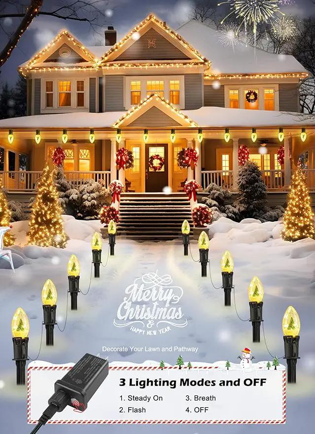 C9 Christmas Pathway Lights Outdoor, 45Ft 40 LED Christmas String Lights with Stakes, 4 Light Modes, Waterproof Connectable Christmas Decorations for Outside Lawn Yard Sidewalk Driveway, Warm White by GreenHaven Gardens