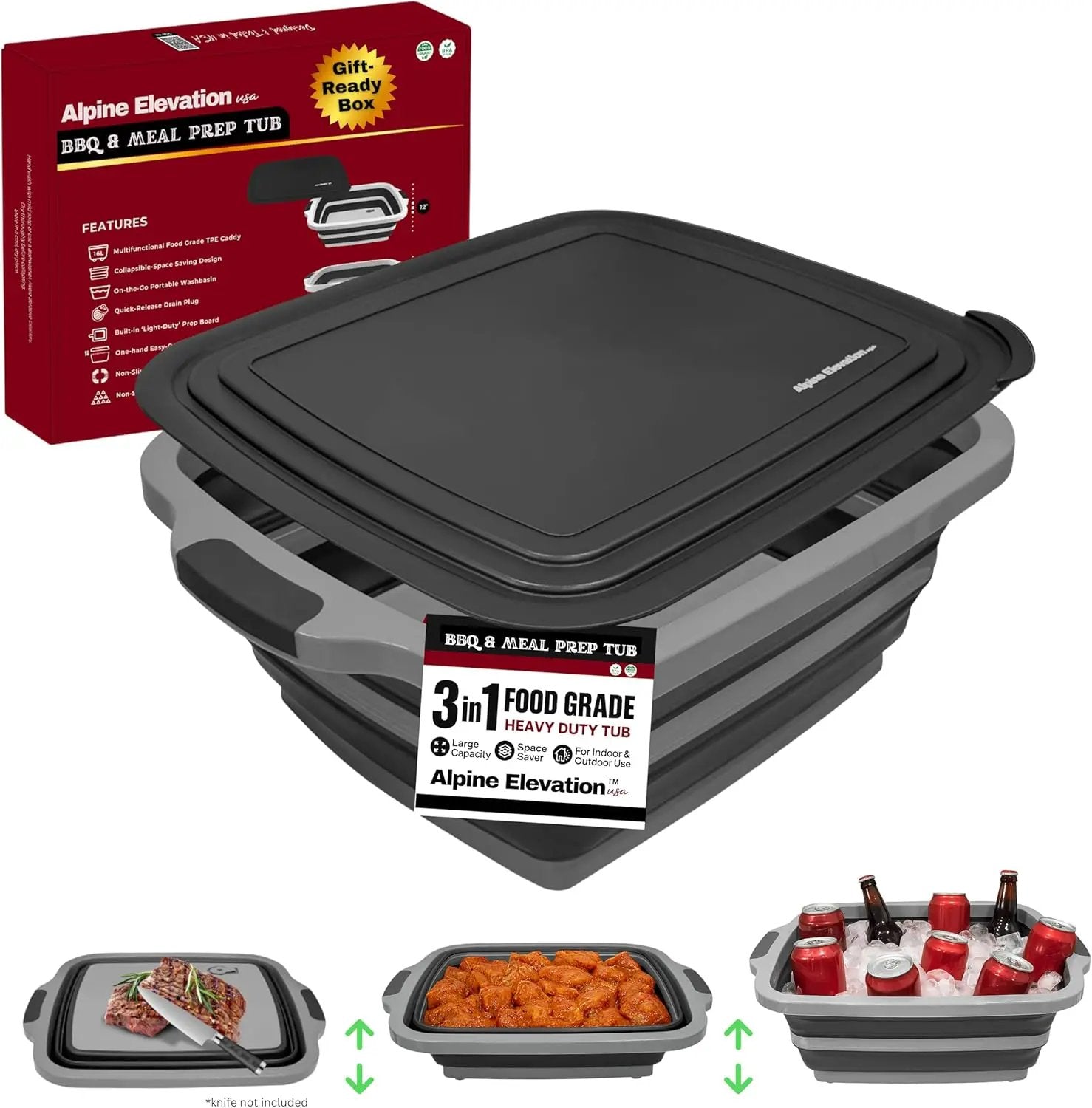 Collapsible X-Large (16L) BBQ Marinating Tub w/Cutting Board | Multipurpose Food-Grade TPE Prep Tub w/Lid | Built-In Colander & Drain Plug - For Camping | Tailgate | Picnic - Slate Black by GreenHaven Gardens