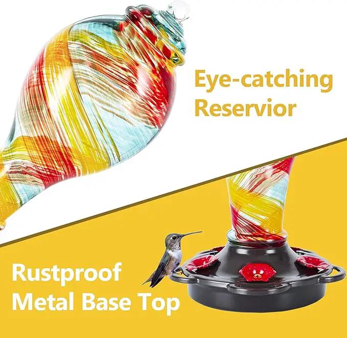 LUJII Hand Blown Glass Hummingbird Feeder for Outdoors Hanging with Ant Moat, 25 fl.oz, Leak Proof & Rustproof, Metal Base with 5 Feeding Ports & 5 Perches, Unique Garden & Backyard Decor (Ribbon) by GreenHaven Gardens