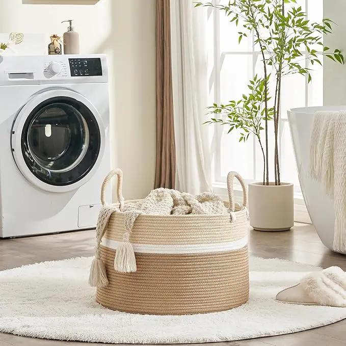 KAKAMAY Large Blanket Basket (20"x13"),Woven Baskets for storage Baby Laundry Hamper, Cotton Rope Blanket Basket for Living Room, Laundry, Nursery, Pillows, Baby Toy chest (White and Brown) by GreenHaven Gardens