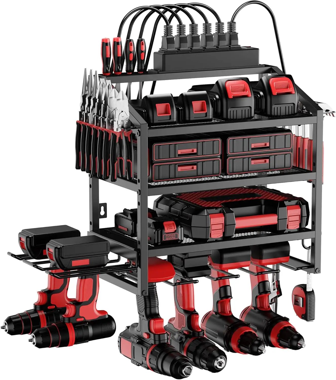 Power Tool Organizer Wall Mount with Charging Station, 4 Layer Storage Rack and Tool Holder for Garage Organization, 6 Drill Holder Wall Mount, 4 Hooks and 6 Outlet Power Strip, Great Men's Gift by GreenHaven Gardens