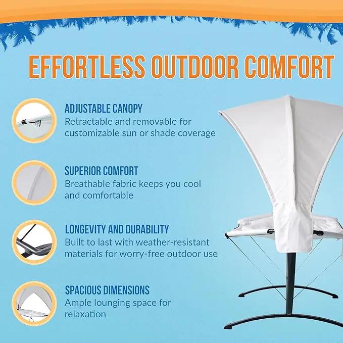 Island Retreat Sea Breeze Steel Frame Hammock Lounge Chair with Canopy - Luxury Shaded Hammock with Stand for Outside - Boho Style Beach Chair with Adjustable & Removeable Canopy - Black & Champagne by GreenHaven Gardens