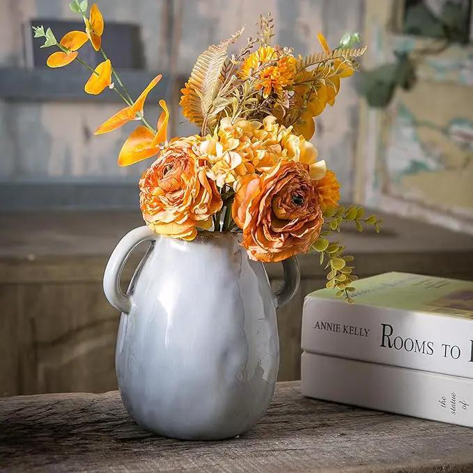 Gray Ceramic Vase with 2 Handles, Modern Farmhouse Decor, Rustic Terracotta Pottery, Decorative Flower Vases, Clay Small Vase, Centerpiece for Dining Table - 7 Inch Tall by GreenHaven Gardens