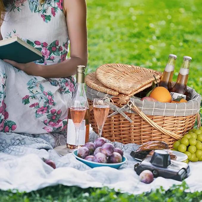 Happypicnic Wicker Picnic Basket with Handle, 15" Large Empty Picnic Basket with Lid & Removable Liner, Vintage Hand Woven Basket for Picnics, Camping, Veg Picking, Mother's Day, Thanksgiving (Check) by GreenHaven Gardens