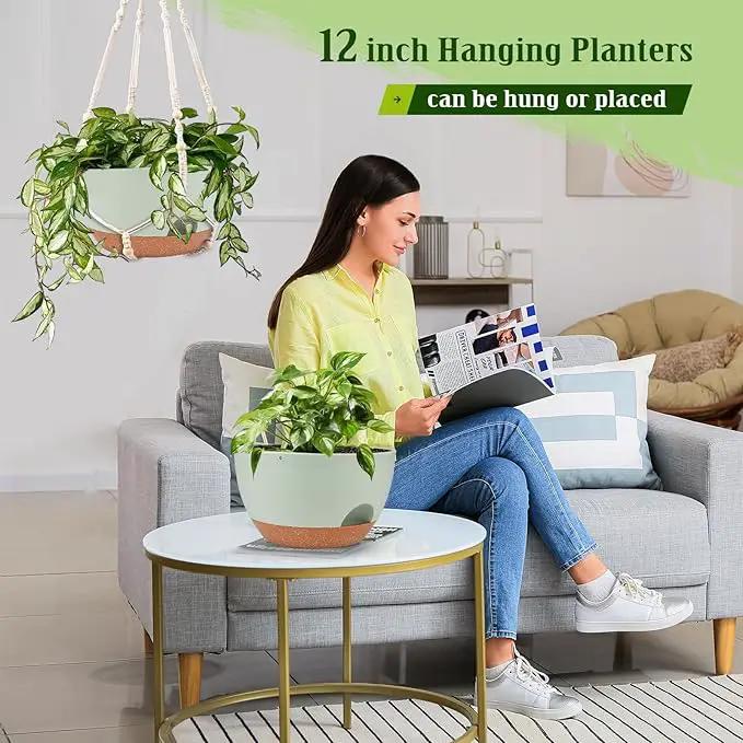 Hanging Planters for Outdoor Indoor Plants, 2 Pack 12 Inch Hanging Basket Plants Outdoor, Self Watering Hanging Planter with Plant Hanger for Garden Home Decoration (Green) by GreenHaven Gardens