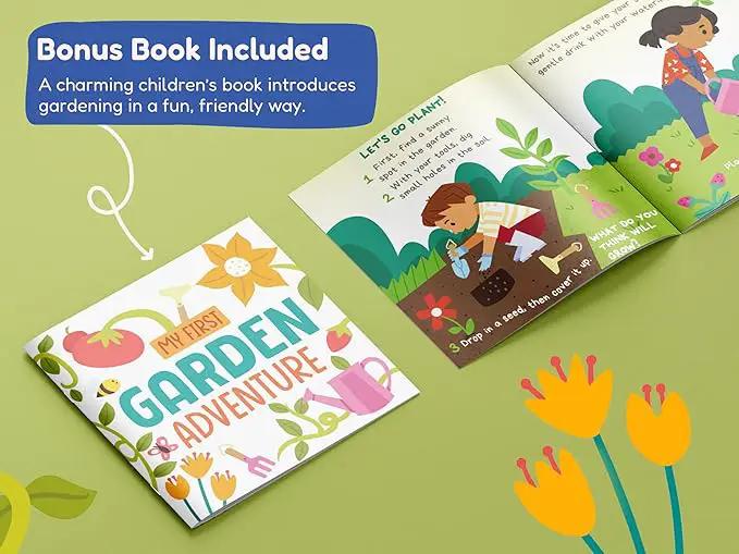 Gardening Set, Tool Kit, for Kids, STEM, Includes Tote Bag, Spade, Watering Can, Rake, Fork, Trowel and Gloves (Petal) by GreenHaven Gardens