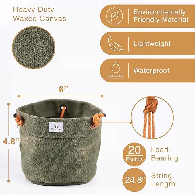 Waxed Canvas Handmade Hanging Planter for Indoor/Outdoor Plants, Hanging Basket Plant Holder Forest Green by GreenHaven Gardens