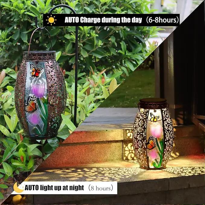 Outdoor Solar Lantern-Waterproof Butterfly Hanging Metal Decorative Lights for Patio Table Garden Pathway Yard with Super Bright Warm White LED, Large Solar Panels, Auto On/Off Light by GreenHaven Gardens