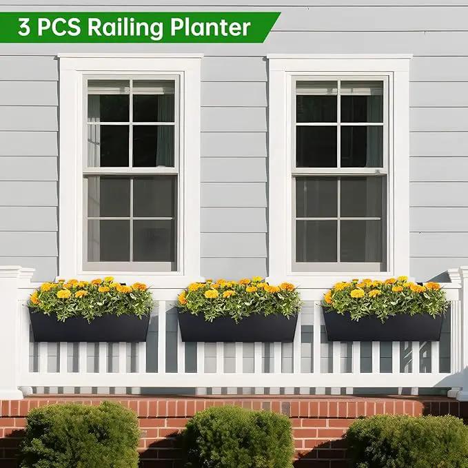 OGIMA 16-Inch Railing Planter Box, 3 Pack Large Hanging Planters for Outdoor Plants with Adjustable Wide Hooks for 2.7'' Railings - Balcony Planters Railing Hanging for Deck, Fence & Patio Decor by GreenHaven Gardens