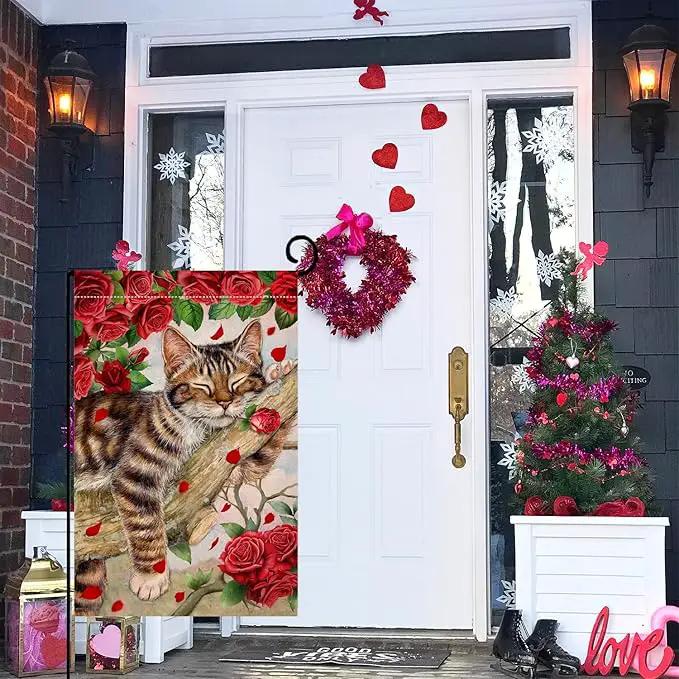 BLKWHT Valentines Cat Garden Flag 12x18 Vertical Double Sided Red Roses Spring Farmhouse Holiday Outside Decorations Burlap Yard Flag BW757 by GreenHaven Gardens