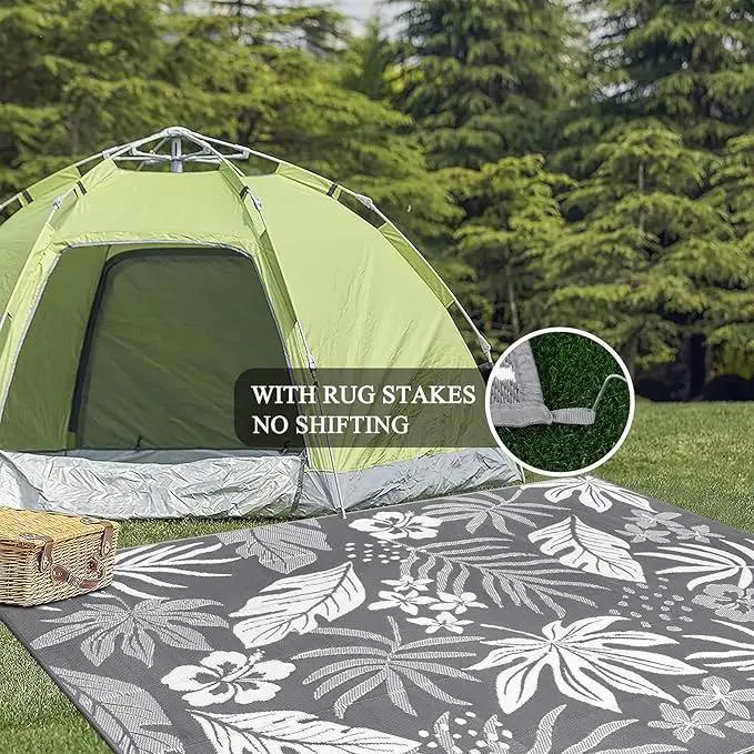 Pauwer Waterproof Outdoor Rug 9x12, Reversible Plastic Straw Patio Camping Rug, Indoor Outdoor RV Mat Carpet for Deck, Camper, Porch, Balcony, Backyard, Picnic, Floral Grey by GreenHaven Gardens