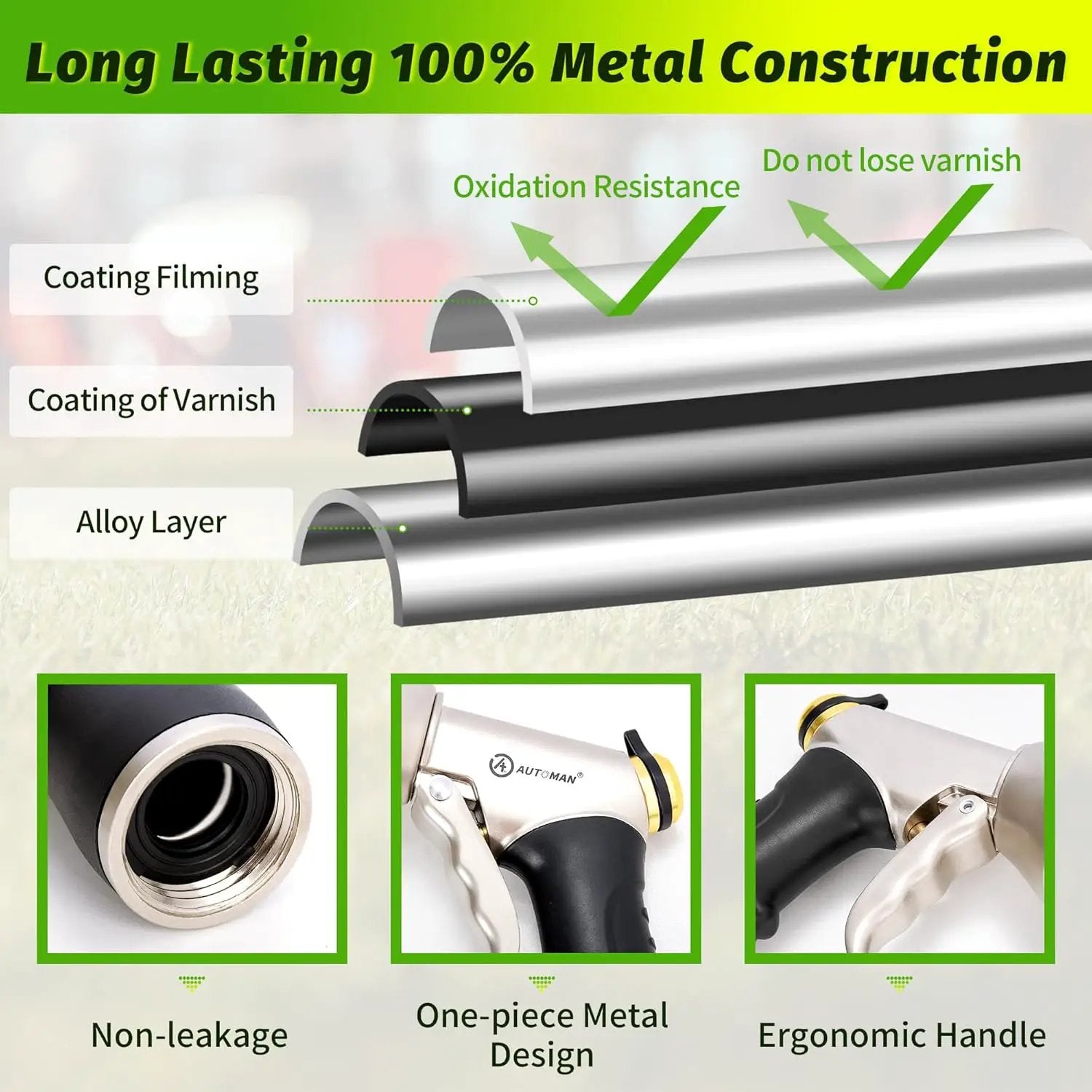 AUTOMAN Metal Hose Nozzle, High Pressure Garden Hose Sprayer, 100% Metal Water Hose Nozzle, Adjustable Watering Nozzle, Heavy Duty Garden Nozzle for Watering Plants & Lawns, Washing Cars & Pets by GreenHaven Gardens