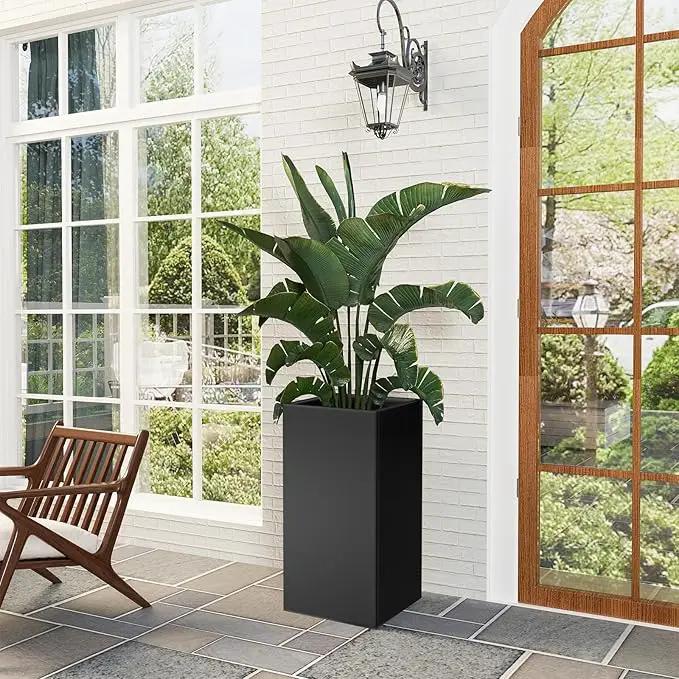 Tall Metal Cube Planter for Outdoor Plants 15" L x 15" W x 30" H, Heavy Duty Steel Planter Box with Removable Insert Shelf, Rectangular Planters for Porch, Garden, Yard, Hotel (Black) by GreenHaven Gardens
