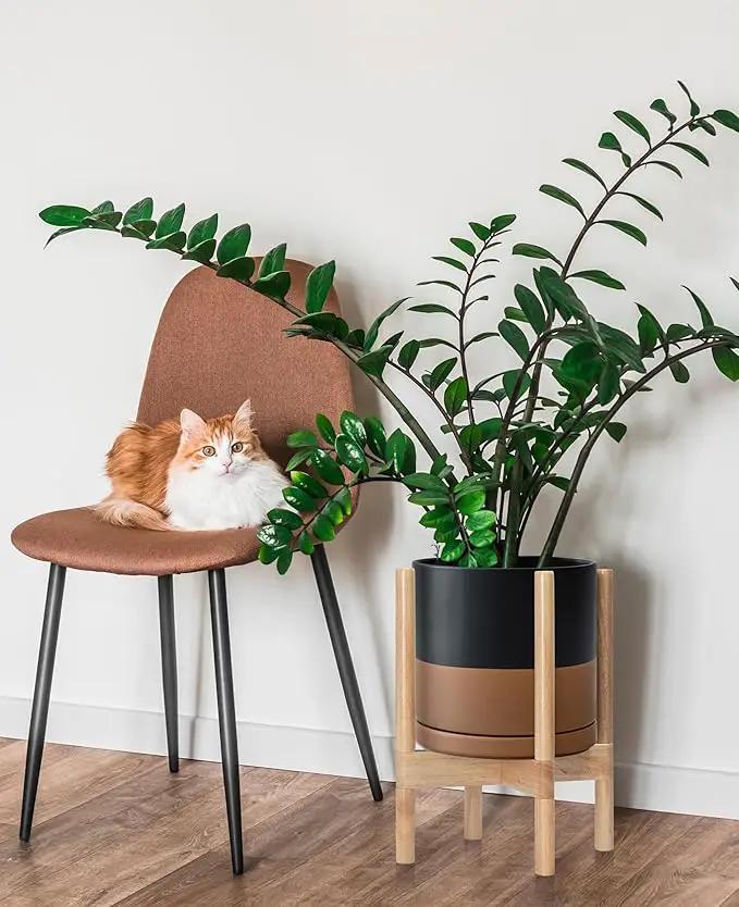D'vine Dev Ceramic Planter with Natural Stand - 10 Inch Modern Round Flower Pot with Wood Planter Holder, Black/Speckled Tan, 55-B-K-7 by GreenHaven Gardens