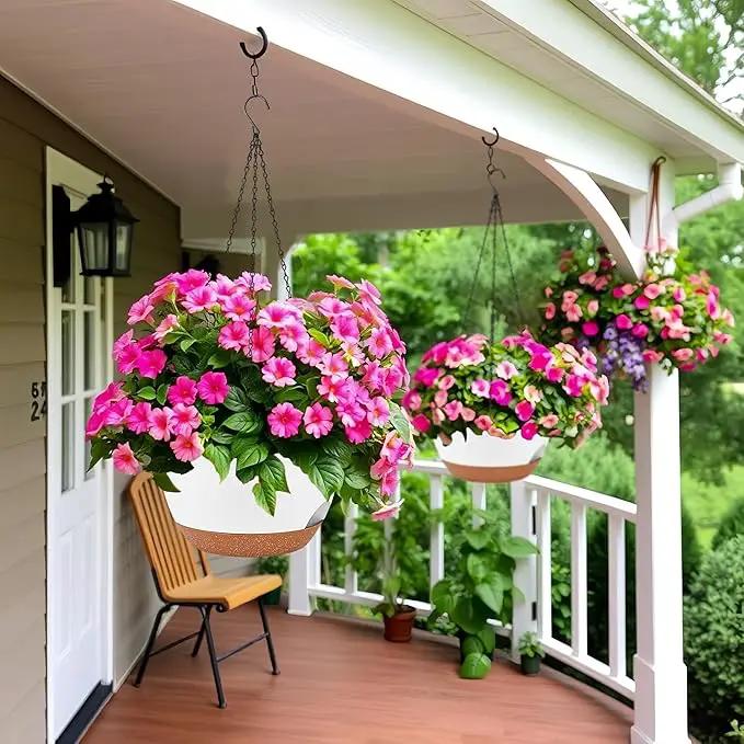 2 Pack 12 Inch Large Hanging Planters with Chains Self Watering White Brown Plastic Hanging Pots for Indoor Outdoor Plants, Garden Porch Home Decor，White Brown by GreenHaven Gardens