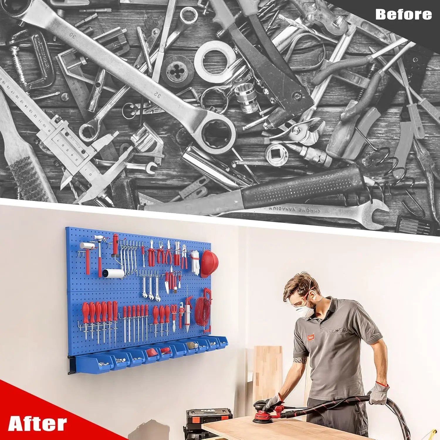 Ultrawall Pegboard Wall Organizer, Blue Metal Peg Board Panels, Garage Storage System with Hooks and Storage Bins, 59pcs by GreenHaven Gardens