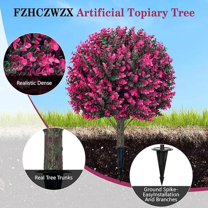 Artificial Topiary Tree with Pink Eucalyptus, Set of 2-17in UV Resistant Fake Evergreen Tree for Porch, Outdoor Artificial Plants for Planters - Ground Spike Included FZHCZWZX by GreenHaven Gardens