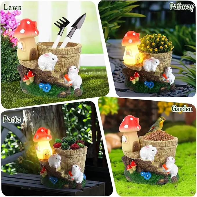 Garden Rabbit Statue,Resin Rabbit Figurine with Solar LED Light,Flower Pots Planters Pots for Succulent,Bunny Statue for Patio Balcony Yard Lawn Decor,Unique Gift for Dad Mom Grandma by GreenHaven Gardens