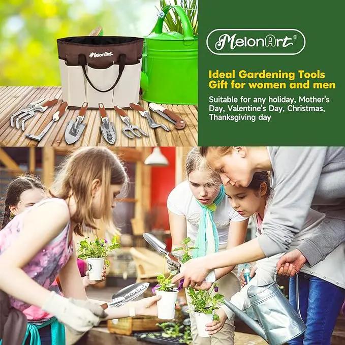 MelonArt Garden Tool Set,10 Pcs Heavy Duty Gardening Hand Tool Kit for Women Aluminum with Non Slip Ergonomic Handle, Storage Tote Bag and Gardening Gloves, Ideal Gifts for Women and Men by GreenHaven Gardens