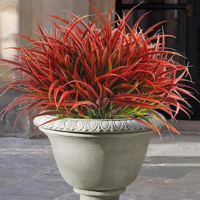 Uieke 6 Bundles Artificial Outdoor Plants UV Resistant Fake Grass Plants Faux Plastic Plants Greenery Shrubs for Home Garden Pathway Window Box Front Porch Cemetery Fall Decor, Autumn Red by GreenHaven Gardens