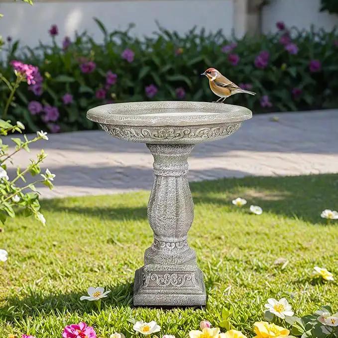 SunJet 23.8” H x 20” Dia Outdoor Birdbath with Exquisite Carvings Pedestal - Fibre Reinforced Concrete Birdbaths, Neoclassical Style Design for Garden Decor & Bird Attraction by GreenHaven Gardens