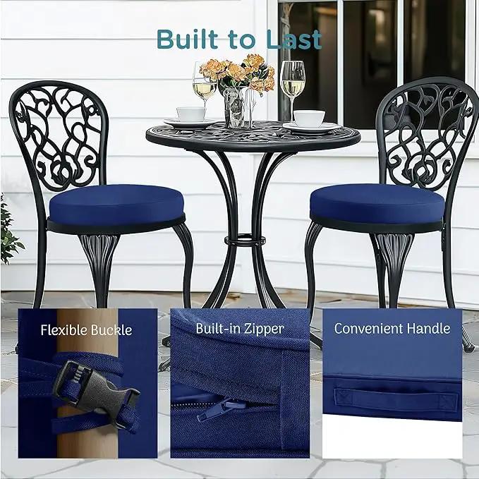 Codi Round Outdoor Chair Cushions 15 Inch, Patio Bistro Cushion Set of 2, Waterproof with Adjustable Straps, Navy 15x15'' by GreenHaven Gardens