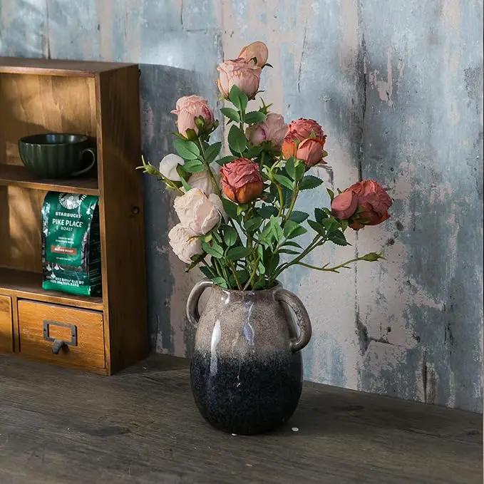 Brown Gradient Ceramic Vase with 2 Handles, Modern Farmhouse Decor, Rustic Terracotta Pottery, Decorative Flower Vases, Clay Small Vase, Centerpiece for Dining Table - 7 Inch Tall by GreenHaven Gardens